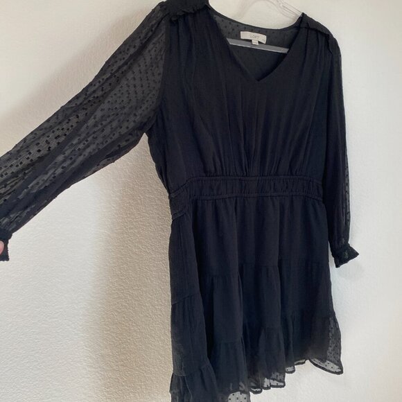 Loft Petite Black Clip Dot Long Sleeve Smocked Waist Dress Size 16P - Picture 4 of 11